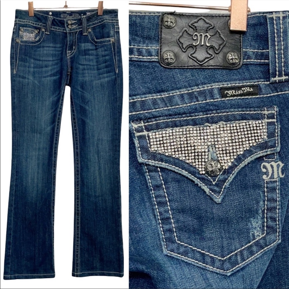 Miss Me Signature Bootcut Bling Embellished Flap Pocket Southwestern Jeans 28